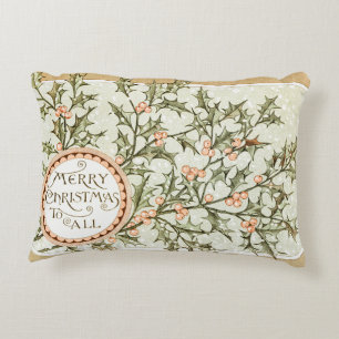Christmas Holly Pretty Antique Greeting Accent Pillow