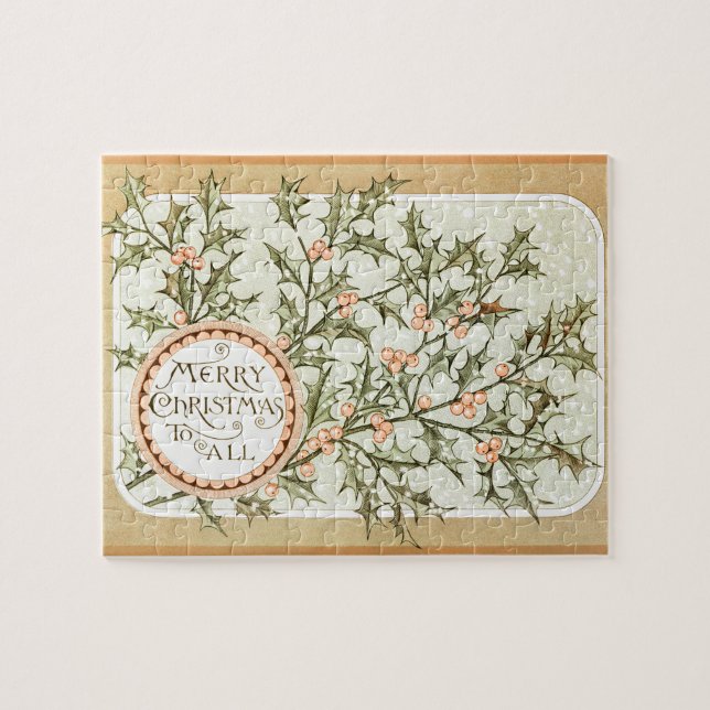 Christmas Holly Pretty Antique Greeting Jigsaw Puzzle (Horizontal)