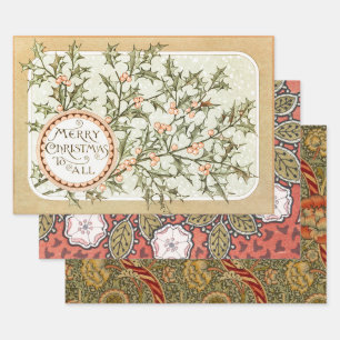 Christmas Holly Pretty Antique Greeting Wrapping Paper Sheet