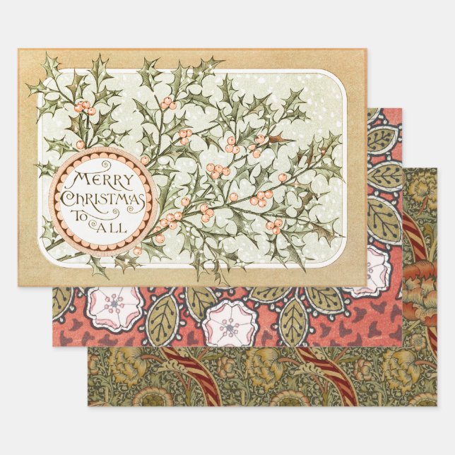 Christmas Holly Pretty Antique Greeting Wrapping Paper Sheet (Set)