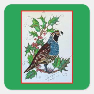 Christmas Holly Quail Square Sticker