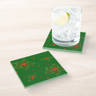 Christmas Holly Red Berries   Glass Coaster