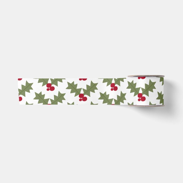 Christmas Holly Red Berries Green Leaves Satin Ribbon (Front)