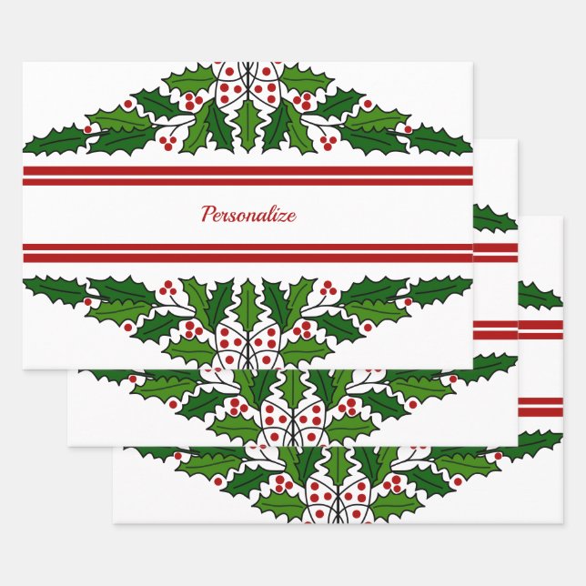 Christmas Holly & Red Berries Xmas Holiday Wrapping Paper Sheet (Set)