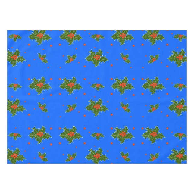 Christmas Holly Red Berry Pattern on Festive Blue Tablecloth (Front (Horizontal))