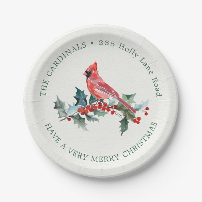 Christmas holly, red Cardinal bird Paper Plate (Front)
