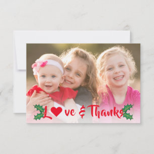 Christmas Holly Red Modern Script Holiday Photo Thank You Card