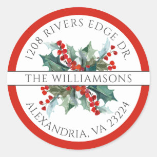 Christmas Holly Red Return Address Classic Classic Round Sticker
