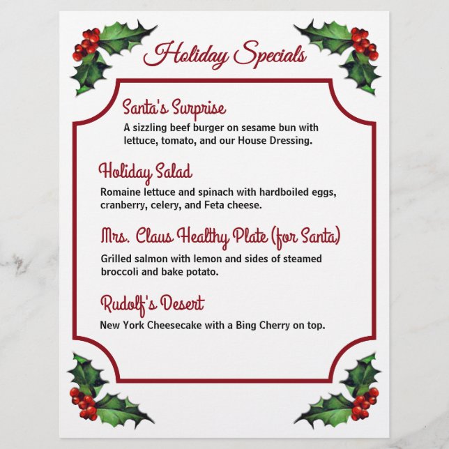Christmas Holly Restaurant Specials  Flyer (Front)