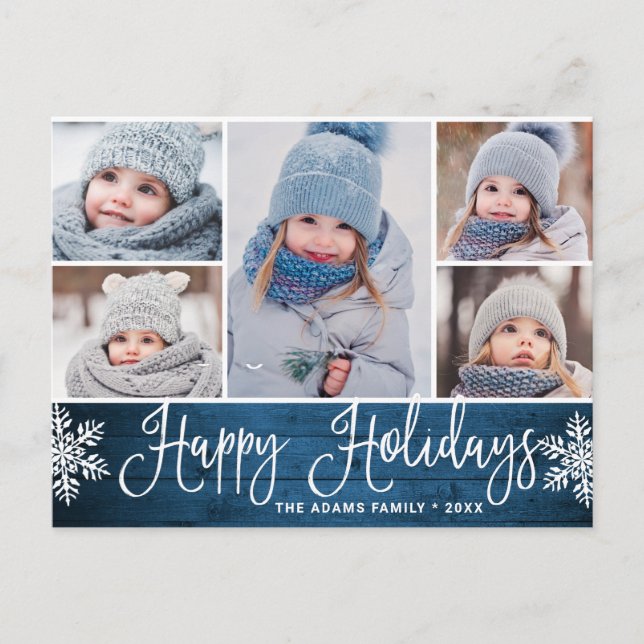 Christmas Holly Rustic 5 PHOTO Greeting Holiday Po Postcard (Front)