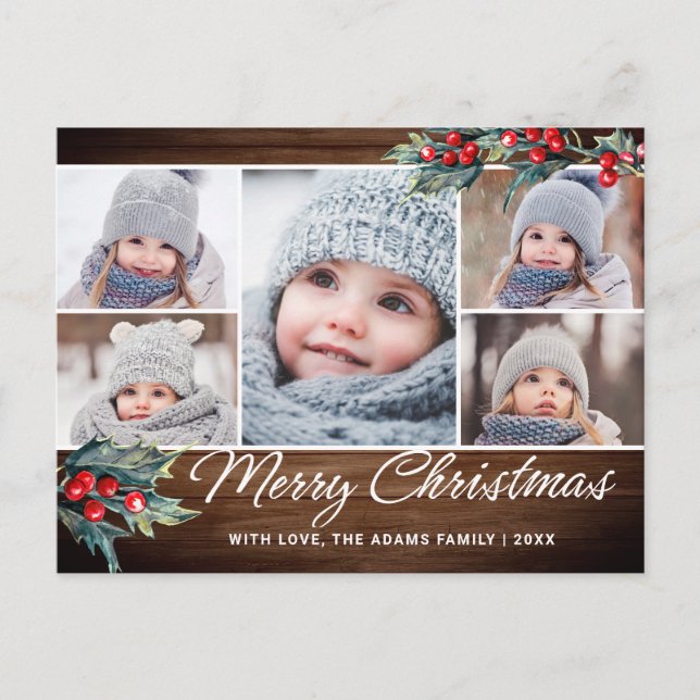 Christmas Holly Rustic 5 PHOTO Greeting Holiday Postcard (Front)
