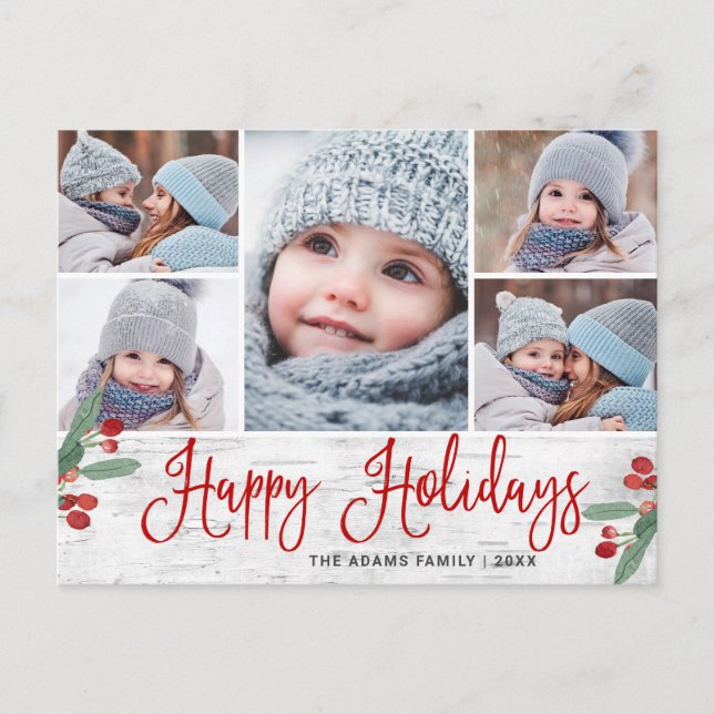 Christmas Holly Rustic 5 PHOTO Greeting Holiday Postcard (Front)