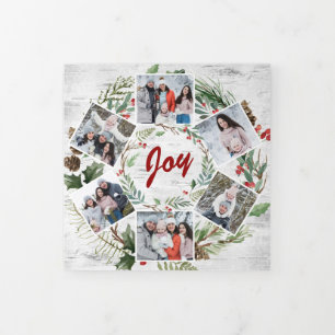 Christmas Holly Rustic Birch Bark Multi Photo Tri-Fold Holiday Card