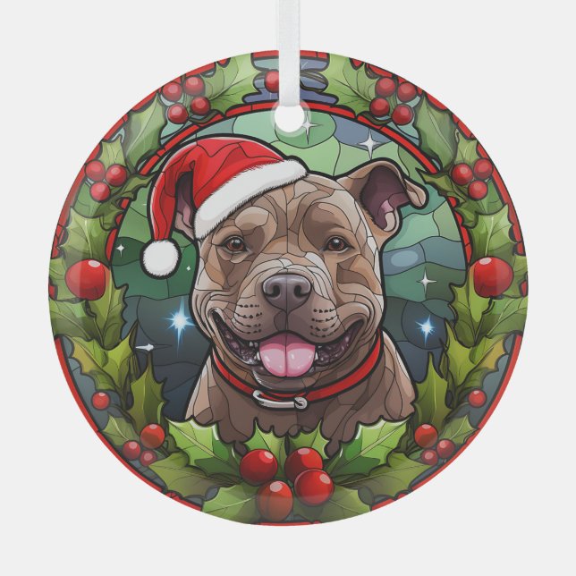 Christmas Holly Santa Staffordshire Terrier Dog Glass Ornament (Front)