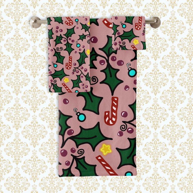Christmas Holly Seamless Pattern Bath Towel Set (Creator Uploaded)