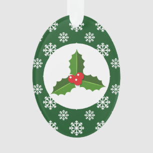 Christmas Holly Snowflakes Green Ornament