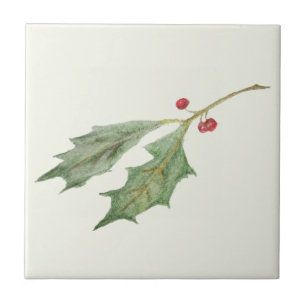 Christmas Holly Sprig Rustic Botanical Gift Tag Tile
