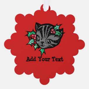 Christmas Holly Tiger Stripe Tabby Cat Xmas        Ornament Card