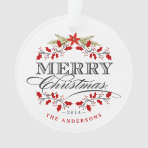 Christmas Holly Typography Family Photo Ornament