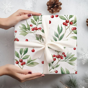 Christmas Holly Watercolor Red and Green  Wrapping Paper Sheet