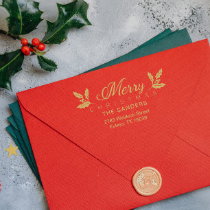 Christmas & Holly Whimsical Script Return Address Rubber Stamp