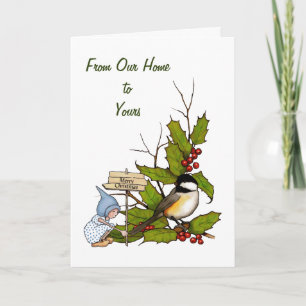 Christmas Holly with Gnome, Chickadee Bird, Art Holiday Card