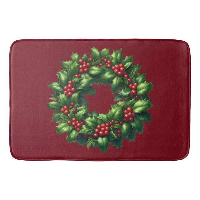 Christmas Holly Wreath Bath Mat (Front)