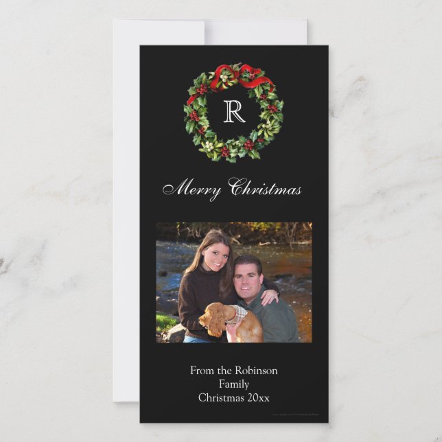 Christmas Holly Wreath Classic Black Holiday Card (Front)
