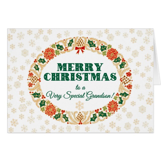 Christmas Holly Wreath, for Grandson Snowflakes (Front Horizontal)