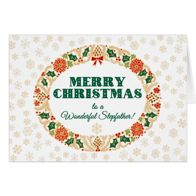 Christmas Holly Wreath, for Stepfather, Snowflakes (Front Horizontal)