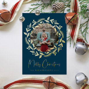 Christmas Holly Wreath Holiday Photo Foil Card