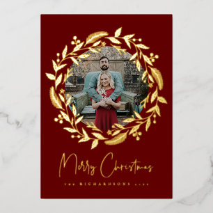 Christmas Holly Wreath Holiday Photo Foil Card