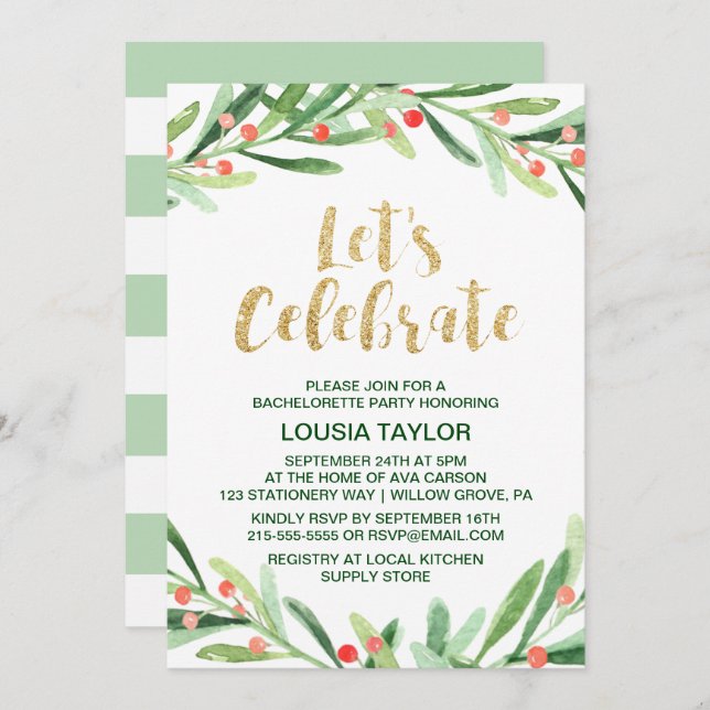 Christmas Holly Wreath Let's Celebrate Invitation (Front/Back)
