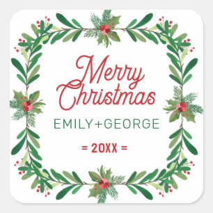 Christmas Holly Wreath Merry Christmas Text Square Sticker