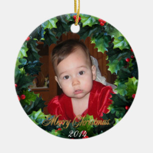 Christmas Holly wreath Photo ornament, Ceramic Ornament