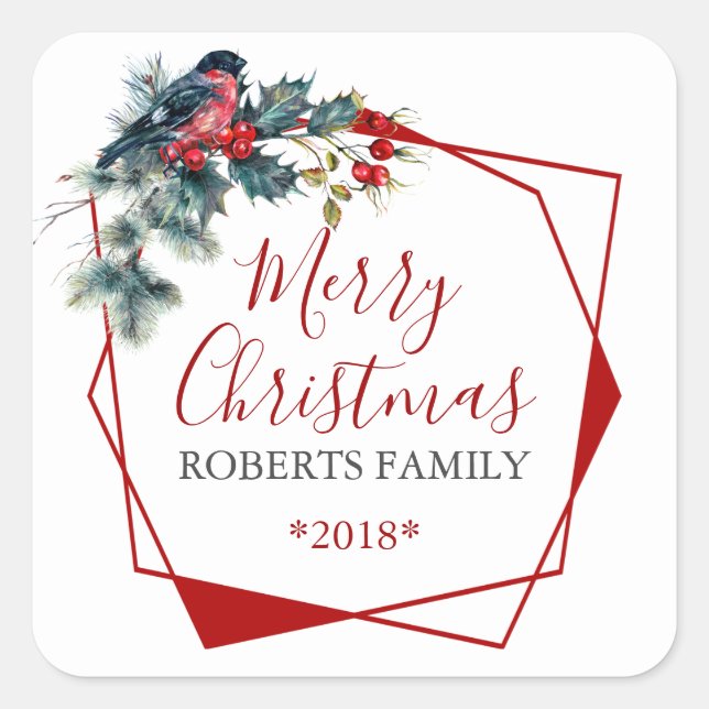 Christmas Holly Wreath red bullfinch Square Sticker (Front)