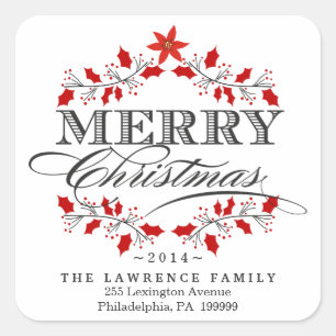 Christmas Holly Wreath Red & White Square Stickers