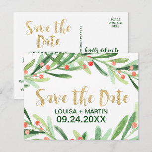 Christmas Holly Wreath Save the Date Announcement Postcard