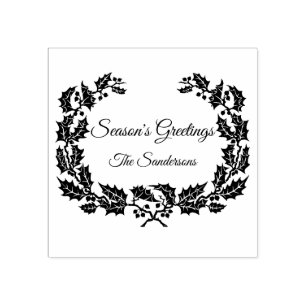 Christmas Holly Wreath Season's Greetings Custom Rubber Stamp