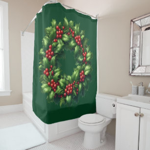 Christmas Holly Wreath Shower Curtain