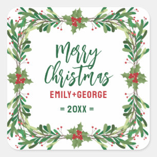 Christmas Holly Wreath Square Sticker