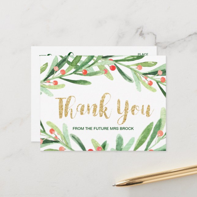 Christmas Holly Wreath Thank You Postcard (Front/Back In Situ)