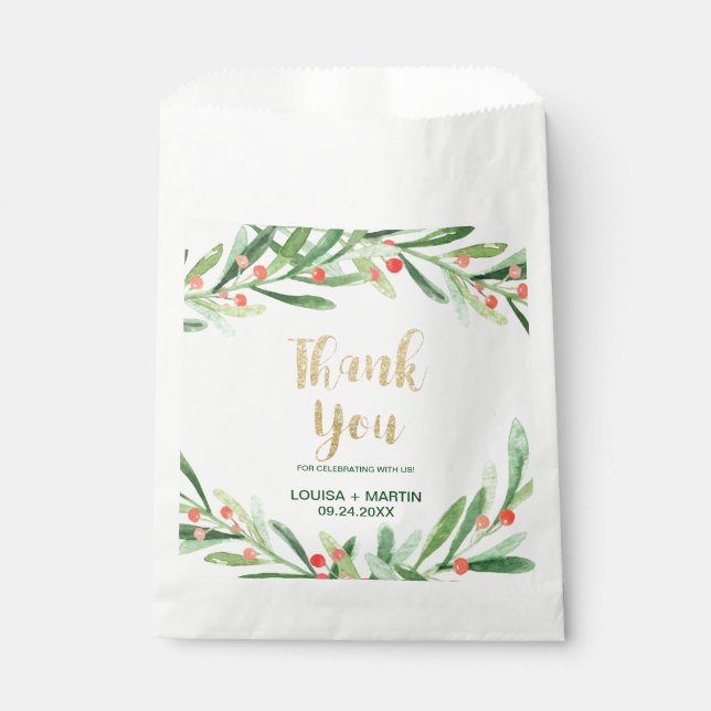 Christmas Holly Wreath Thank You Wedding Favour Bag (Front)