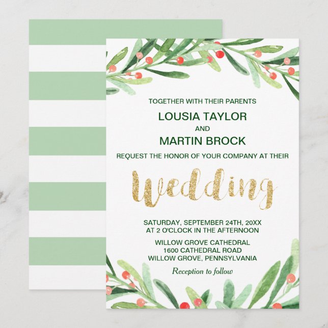 Christmas Holly Wreath Wedding Invitation (Front/Back)