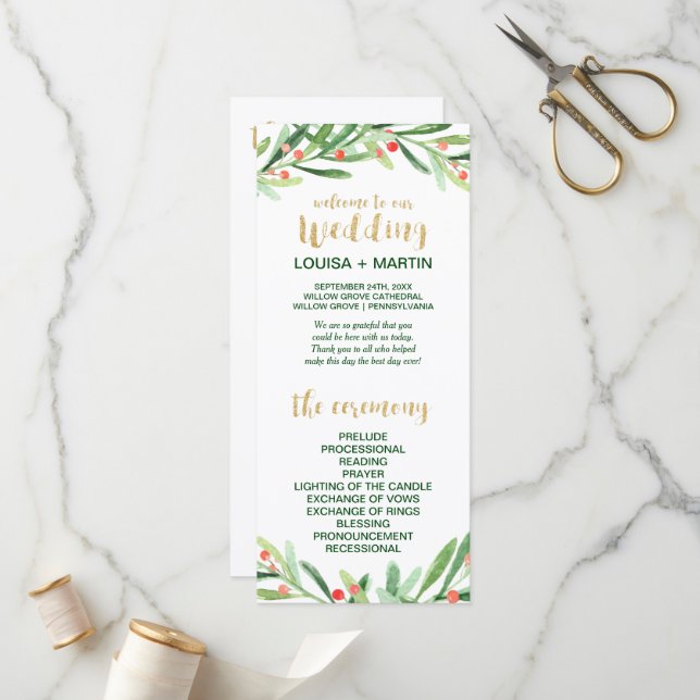 Christmas Holly Wreath Wedding Program (Front/Back In Situ)