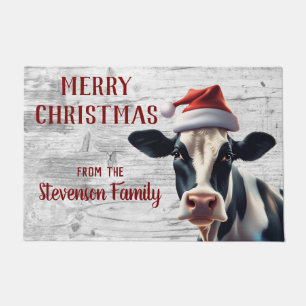 Christmas Holstein Cow Santa Family Name Home Doormat
