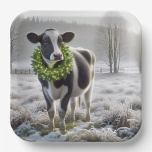 Christmas Holstein Cow Wearing a Wreath Paper Plate