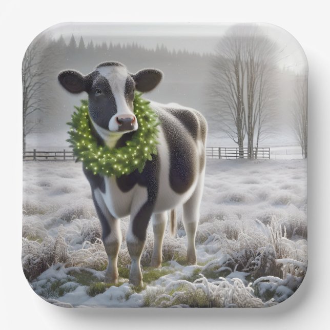 Christmas Holstein Cow Wearing a Wreath Paper Plate (Front)