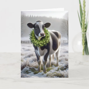 Christmas Holstein Cow Wearing Holiday Wreath