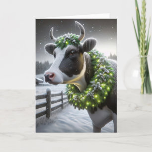 Christmas Holstein Cow With Glowing Wreath Holiday Card